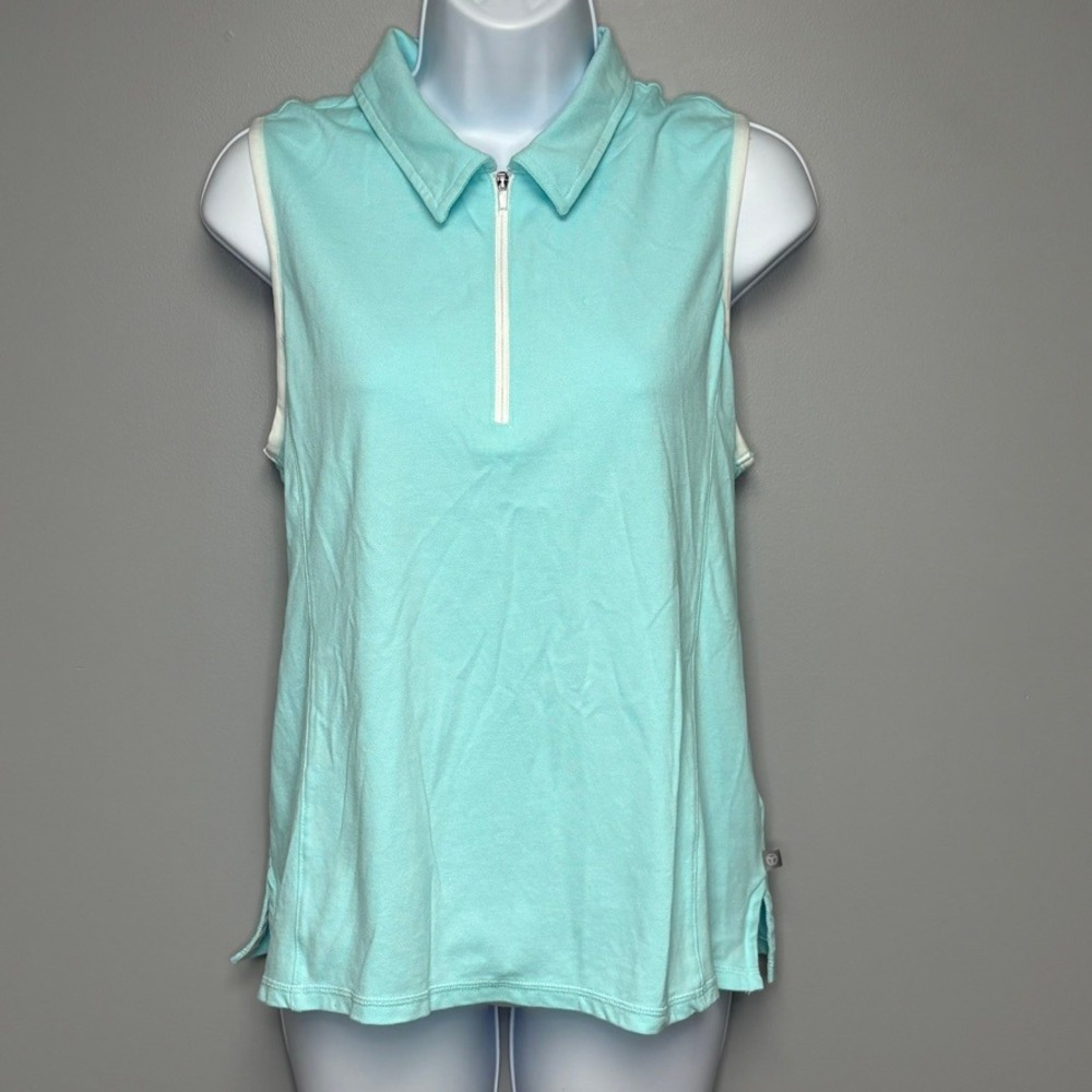 T By Talbots Light Blue SPF 50+ Sleeveless Tennis Golf 1/2 Zip Polo Sz L Petite